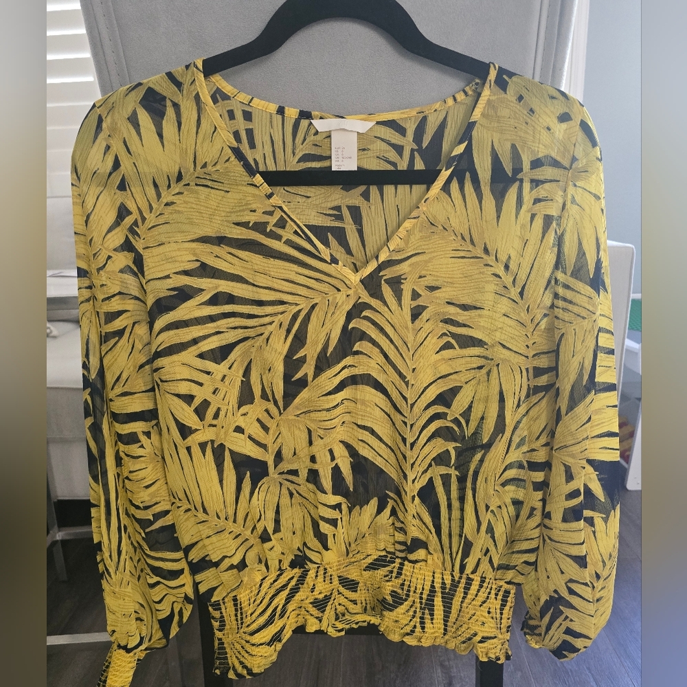 H&M Yellow and Black Leaf Pattern Blouse